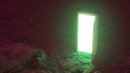 The door open against a fantastic backdrop of hills and mountains and sky. Concept of innovations, future and hope, beginning or a win. 3d renderの写真素材