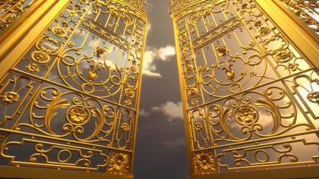 Golden gate to heaven. The gate open against the background of a colorful sky. 3D renderの写真素材