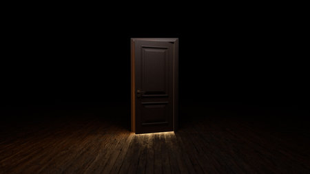 Brown wooden door to the universe. The door open filling with bright warm light. Room with wooden textured floor. Dark to the Light. Entrance or exit, way out concept. 3D renderの写真素材