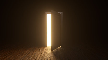 Brown wooden door to the universe. The door open filling with bright warm light. Room with wooden textured floor. Dark to the Light. Entrance or exit, way out concept. 3D renderの写真素材