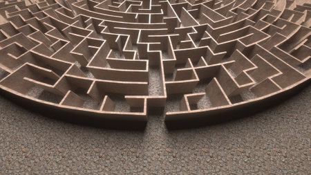 Maze Background. Huge Mysterious labyrinth. Circular maze. Labyrinth entrance. Challenge and problems concept. 3D Renderingの写真素材