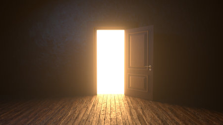 Light shines from door opening in dark room. Brown wooden door to the universe. Fills the space with bright warm light. Room with wooden textured floor. Entrance or exit, way out concept. 3D renderの写真素材