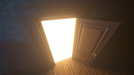 Light shines from door opening in dark room. Brown wooden door to the universe. Fills the space with bright warm light. Room with wooden textured floor. Entrance or exit, way out concept. 3D renderの写真素材