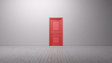 Closed red door in a bright room. Entrance or exit, way out concept. 3D render