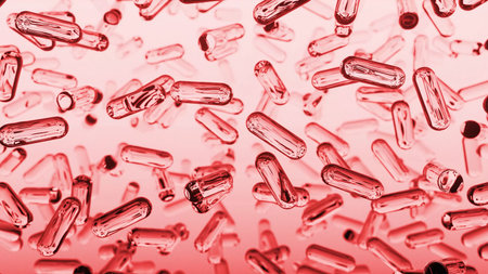 Glass transparent capsules moving down on a red background. Tablet pills capsules float slowly in slow motion. 3d renderingの写真素材