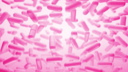 Pink 3D background with slowly floating capsules. Smoothly floating and colliding pills and capsules. Medical capsule with biomedical concept. Colorful Neon Light. 3d renderingの写真素材