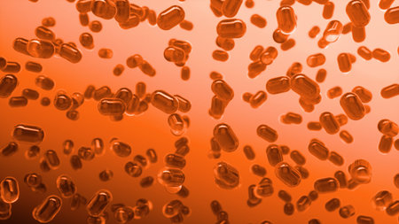 Capsules are moving upward on an orange background. Tablet pills capsules float slowly in slow motion. 3d renderingの写真素材