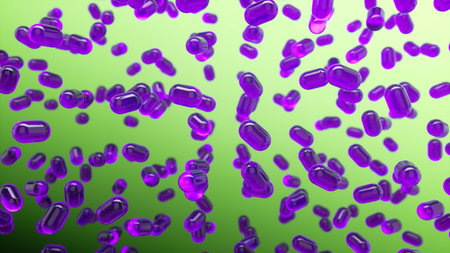 Glass transparent purple capsules moving upward on a green background. Tablet pills capsules float...