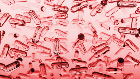 Glass transparent capsules moving down on a red background. Tablet pills capsules float slowly in slow motion. 3d renderingの写真素材