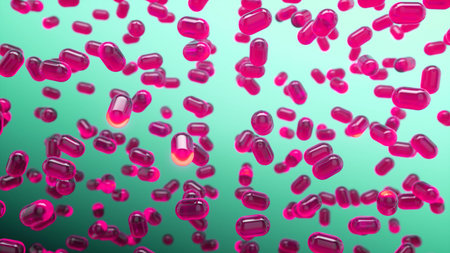 Glass transparent pink capsules moving down on a green background. Tablet pills capsules float slowly in slow motion. Medical capsule with biomedical concept. 3d renderingの写真素材
