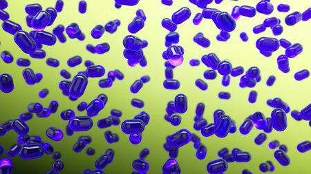 Glass transparent blue capsules moving upward on a green background. Tablet pills capsules float slowly in slow motion. Medical capsule with biomedical concept. 3d renderingの写真素材