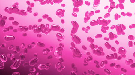 Glass transparent capsules moving down on a pink background. Tablet pills capsules float slowly in...