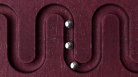 Metal balls in geometry deepening on burgundy wooden background. Smooth light, realistic graphics. 3d renderingの写真素材