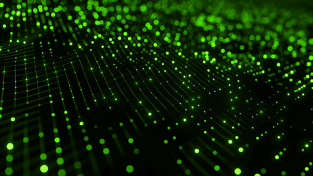 Abstract green wave particle background. Glowing random dots. Hi-tech, big data visualization, futuristic, digital technology connection and innovation concept. 3d renderingの写真素材