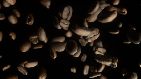 Coffee Beans Over Black Background. Close-up of coffee seeds. 3d rendering