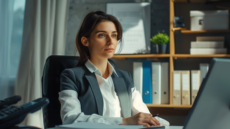 A woman is seated at a desk, focused on her laptop computer. She appears engaged in work or study, with a professional setting visible in the background.の素材