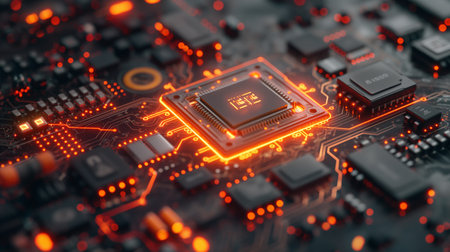 This close-up view shows a circuit board featuring an AI chip, with intricate pathways and components illuminated by vibrant orange lights. The electronics convey a sense of advanced technology and precision.の素材