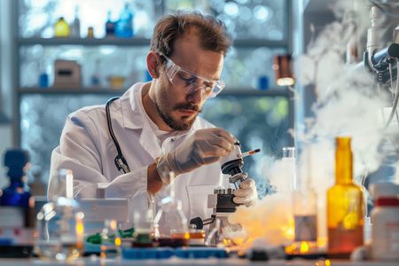 A medical researcher in a lab coat and goggles is carefully analyzing a vape pipe, focusing on the components and structure of the device. The man is using precision tools to examine the pipe thoroughly.の素材