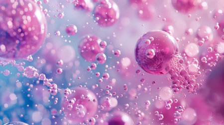 A cluster of bubbles of various sizes and iridescent colors drift through the air, reflecting light and creating a whimsical sight. The bubbles appear to be moving freely without interference, creating a dynamic and captivating scene.の素材