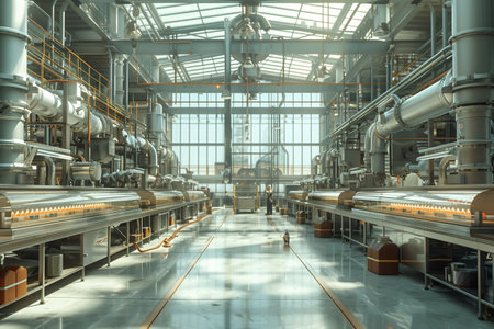A sprawling industrial structure with a maze of pipes extending in all directions. The building appears to be a hub of various mechanical processes and operations.の素材