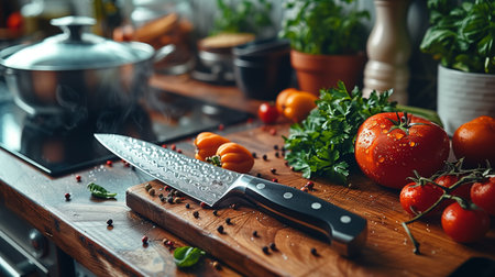 A cutting board placed on a kitchen counter, featuring a sharp knife next to fresh red tomatoes ready to be sliced. The scene suggests food preparation or cooking activity in a modern kitchen setting.の素材