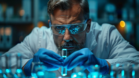 A man in a lab coat and goggles is focused on working on a pipe in a modern laboratory setting. He is meticulously examining and manipulating the components of the pipe.の素材