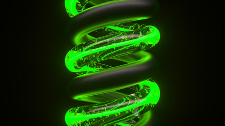 A helix of vibrant neon green lights stands out against a pitch-black backdrop. 3d renderingの写真素材