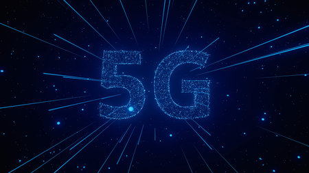 Glowing particles form the number 5G against a dark background, illustrating advanced wireless...