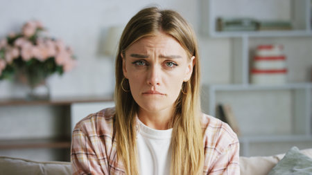 Portrait of a young woman sitting on a sofa in her living room, expressing deep sadness and vulnerability, with tears streaming down her face, reflecting feelings of loneliness and despairの写真素材