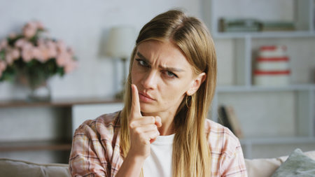 Serious young woman making silence gesture with finger on lips, frowning and looking attentively, asking to be quiet, sitting on sofa in living room at homeの写真素材