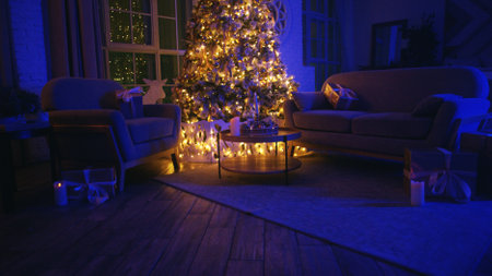 Warm and inviting living room is glowing with Christmas lights, adorned with a beautifully decorated tree and presents placed around the roomの写真素材