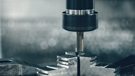 Modern cnc machine processing a metal detail in a factory setting, showcasing an industrial...