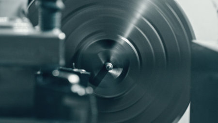 Close up view of a metal lathe rotating at high speed during a machining process, highlighting the intricate precision and dynamic motion inherent in industrial metalworkingの写真素材