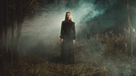 Mysterious woman in a long black dress stands amidst a foggy forest at night, enveloping the scene in a dark and eerie atmosphere filled with suspense and intrigueの写真素材