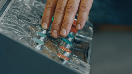 Close up of a factory worker's hand operating industrial machinery, pushing buttons on a control panel covered with protective film, emphasizing precision and expertise in a manufacturing settingの写真素材