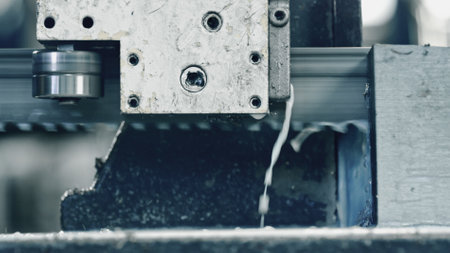 Close up view of an automated bandsaw cutting through metal in a metalworking factory, with coolant actively flowing over the blade to minimize friction and heat generationの写真素材