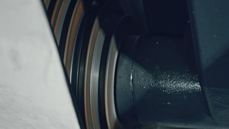Close up of a large industrial roller spinning rapidly within complex machinery, highlighting the dynamic processes involved in metal production or manufacturingの写真素材