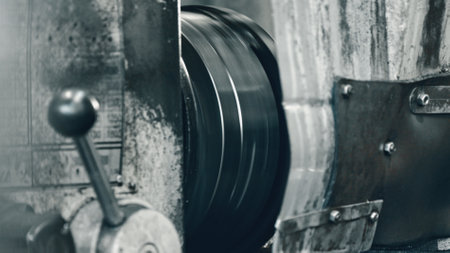 Close up view of a rotating metalworking machine processing metal parts, highlighting the intricate industrial manufacturing process within a bustling factory environmentの写真素材