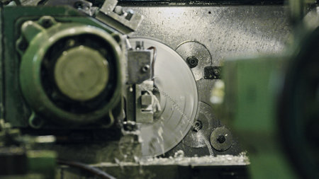 Close up of industrial lathe machine cutting a metal part, producing swarf and demonstrating...