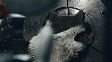 Close up of a factory worker's gloved hand positioning a metal component within a large industrial...