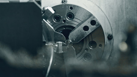 Close up view of a cnc lathe machine intricately processing a metal detail, highlighting the precision and complexity inherent in modern industrial manufacturing techniquesの写真素材