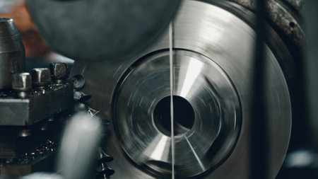 Metalworking cnc lathe machine cutting through metal, producing fine shavings in an industrial setting, highlighting the intricate processes of engineering and manufacturingの写真素材