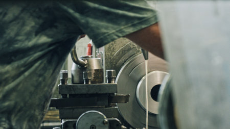 Close up of a metalworker operating a lathe machine, skillfully shaping a metal part using coolant, showcasing precision and expertise in a factory settingの写真素材
