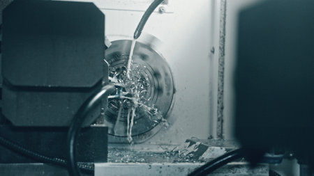 Close up view of a metalworking lathe machine cutting a metal part, with coolant flowing and swarf accumulating, highlighting the intricate industrial manufacturing process in actionの写真素材