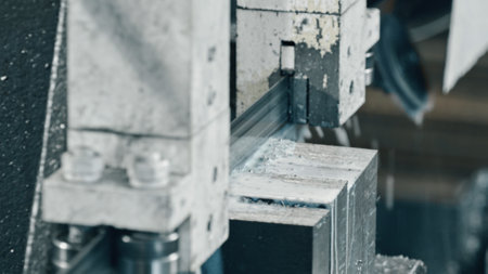 Close up view of an automated band saw cutting through a metal profile in a metalworking plant, with coolant spraying, highlighting the precision of the industrial manufacturing processの写真素材