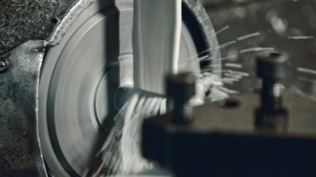 Industrial metal lathe cutting through steel, shavings flying in slow motion, capturing the intricate details of the cutting process within a bustling factory environmentの写真素材
