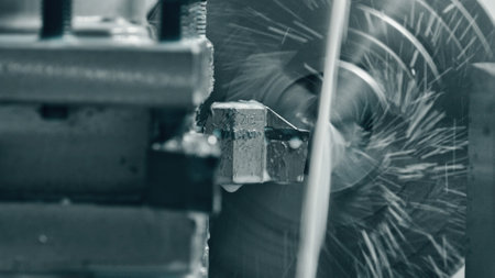 Industrial lathe machine is cutting a metal part, with coolant and swarf spraying, in a...
