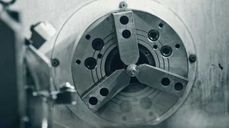Close up of a lathe chuck rotating and gripping a metal workpiece during a metalworking process in a factory, showcasing industrial machinery in actionの写真素材