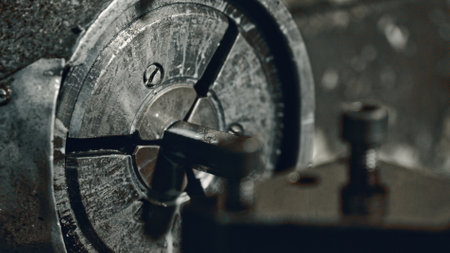 Close up of a metal lathe securely gripping a piece of metal, possibly during a manufacturing or...