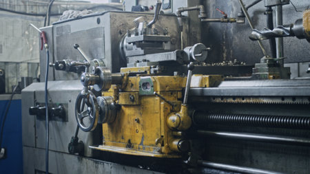 Close up of a metal lathe machine cutting metal, showing the precision and complexity of industrial metalworking processes in a factory workshopの写真素材